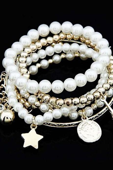 Fashion Multilayer Pearl Beaded Bracelet Eiffel Tower Star Charms Bracelet Elastic Bangle Jewelry