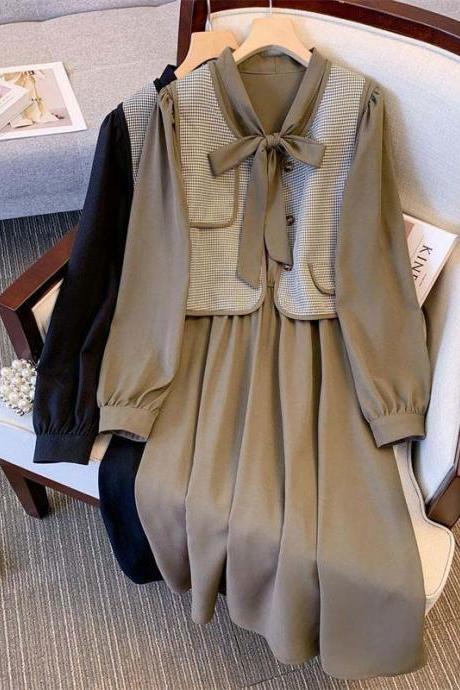 Women Long Sleeve Bowknot Dress &amp;amp;amp; Vest Two Piece Set