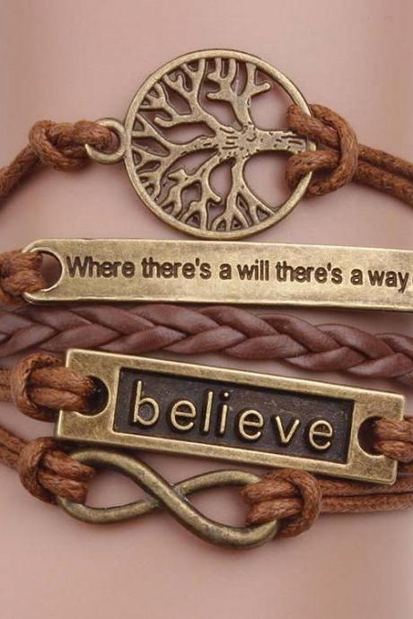 Where There Is A Will Tree Believe 8 Charater Brown Bracelet Multi-layer Bracelet Charm Bracelets For Men Women