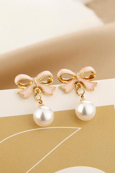 Bowknot Shaped Imitation Pearl Pendant Earrings
