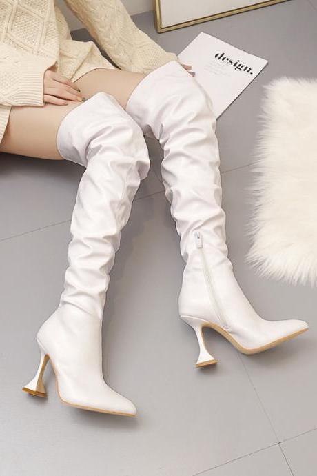 Winter Long Boots Women's Slender Heels Knee Hight Stiletto Pointed Heels