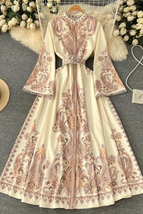 Spring Ethnic Style Retro Stand Up Collar Flared Sleeves Printed Dress