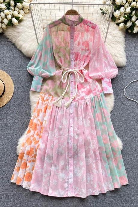 Fashion Spring Summer Women Chic Print Pleated Elegant Lantern Sleeve Dress A Line Casual Vacation Party Dress