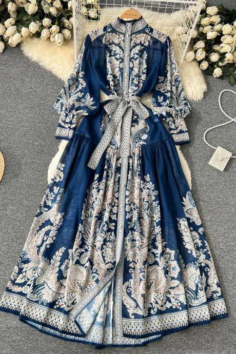 Blue Women's Stand Long Lantern Sleeve Single Breasted Floral Print Lace Up Loose Dress