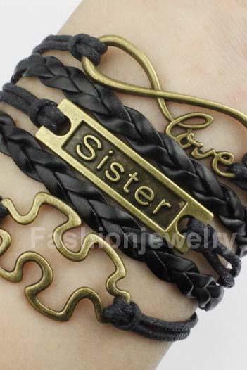 Infinity Love Bracelet Sister Bracelet Puzzle Bracelet-Antique Bronze Charm Bracelet,Black Leather Ropes Woven Bracelet,Handmade Bracelet,Friendship Gift