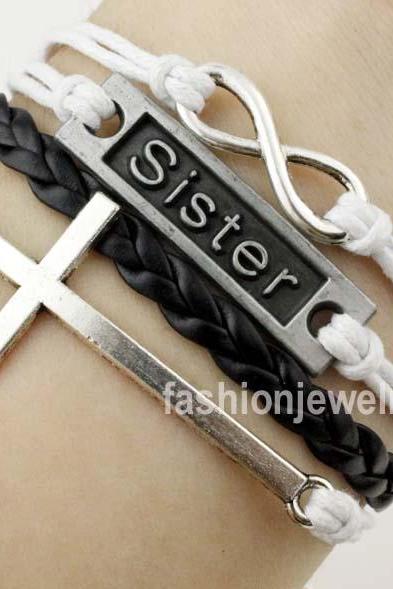 Infinity Bracelet Sister Bracelet Cross Bracelet-Handmade Bracelet Leather Charm Bracelet,Christmas Gift