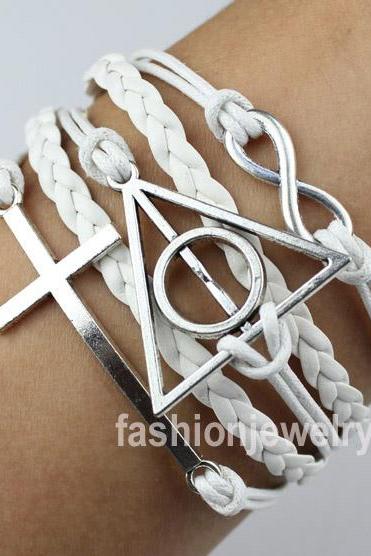 Harry Potter Bracelet,Deathly Hallow Bracelet Infinity Karma Bracelet,Cross Bracelet,Leather Charm Bracelet Boyfriend gift