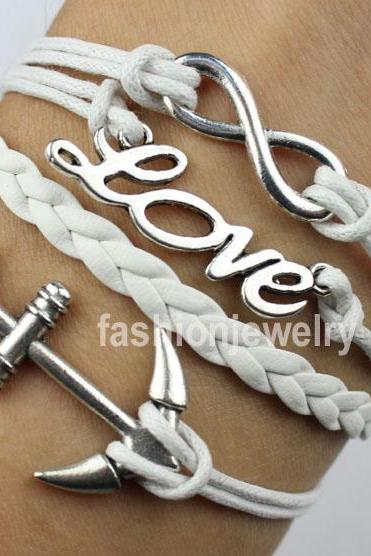 Infinity Bracelet Love Bracelet Anchor Bracelet in Silver-handmade bracelet leather ropes woven bracelet Christmas Gift