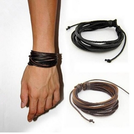 2pcs Men's Fashion Casual Bracelet Vintage Leather Accessories Black & Brown Adjustable