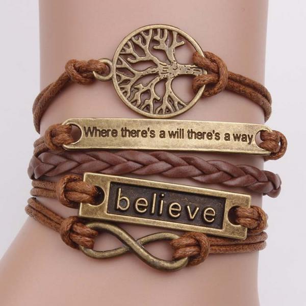 Where there is a will Tree Believe 8 Charater Brown Bracelet Multi-layer Bracelet Charm Bracelets For Men Women