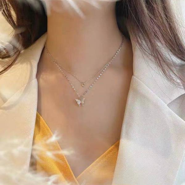 Shiny Butterfly Double Layer Cute Necklace Clavicle Chain for Women Girls