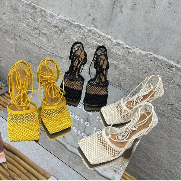 Sexy mesh sandals square toe shoes strap women's high heel sandals