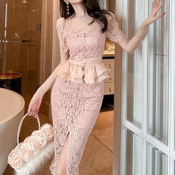 Lace Peplum Dress With Floral Details on Luulla
