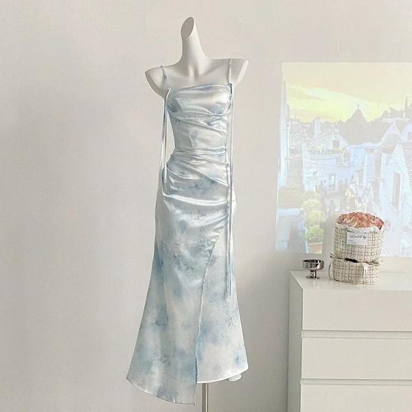 open side back spaghetti zig zag tie satin gown main image 0