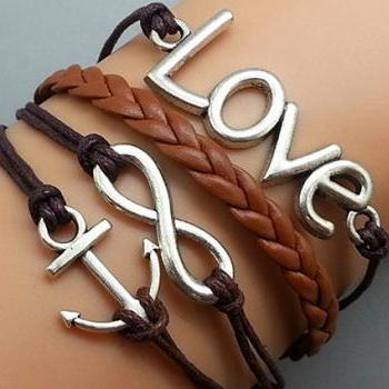 Cross Anchor & Love Bracelet Silver Bracelet Brown Korean Wax Cords Leather Charm Bracelet Personalized Bracelet