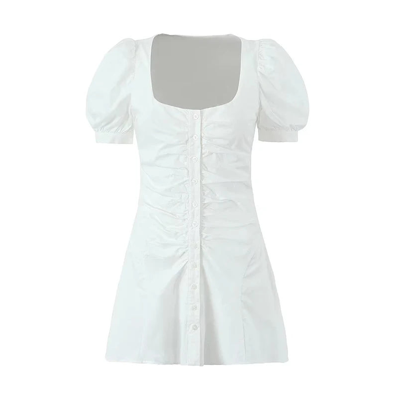 Pre-Order White Half Puff Sleeve Buttoned Shirt Mini Dress
