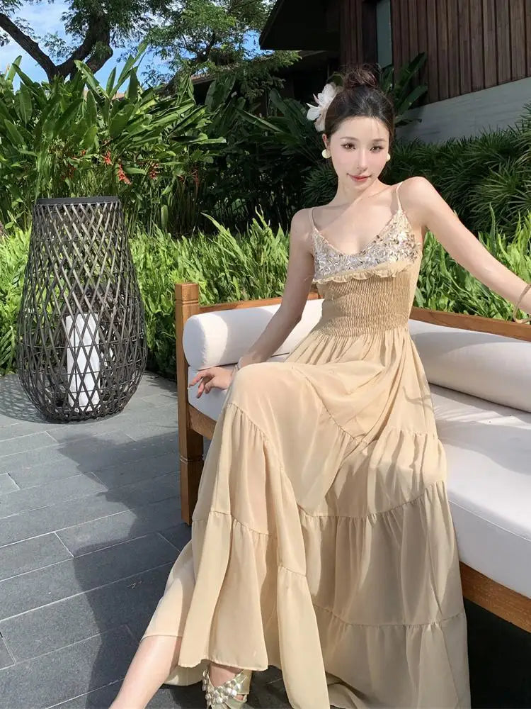 Lace-trimmed Nude Maxi Dress With Spaghetti Straps on Luulla