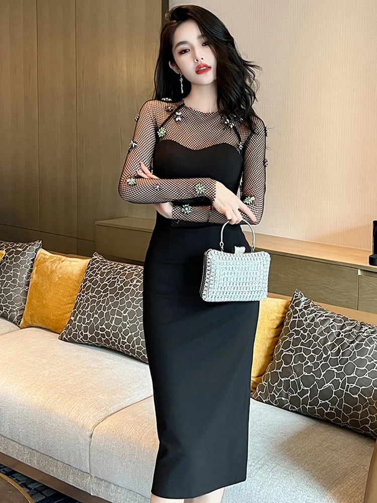 Black Plaid Patched Design Mesh Casual Dress