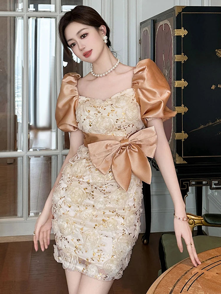 Lace Floral Dress With Puff Sleeves Bow on Luulla