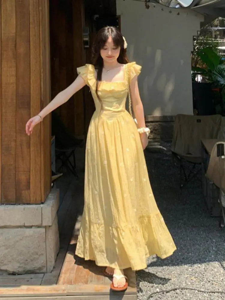 Yellow Ruffled Maxi Dress With Flutter Sleeves on Luulla