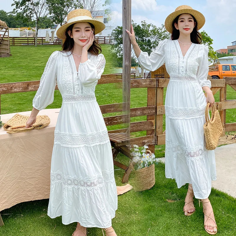 Blanca Bohemian White Dress For Women Long Flowing Maxi V-Neck Lightweight Comfort main image 1