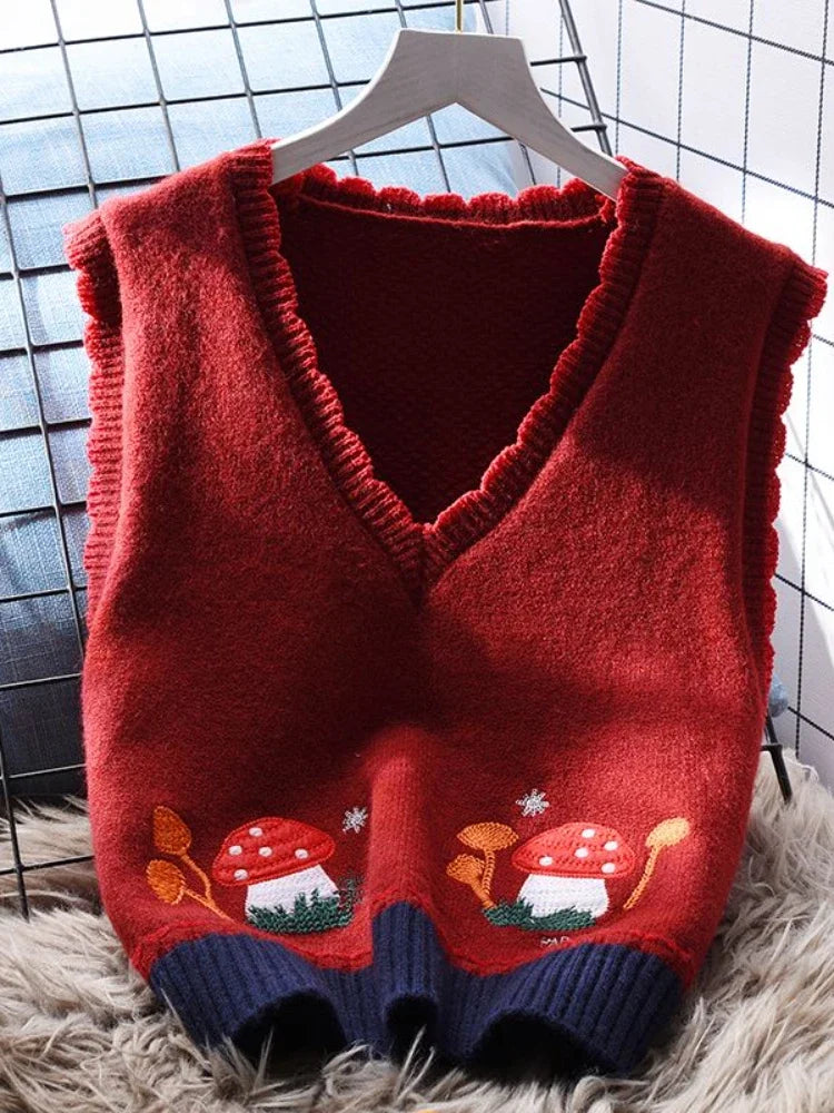 Cozy Knit Vest With Mushroom Embroidery Design on Luulla
