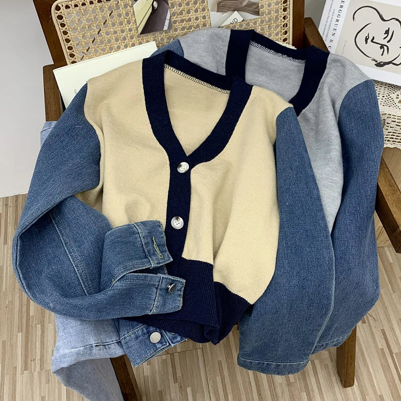 Two-tone suede patch cardigan Sweater, cardigans