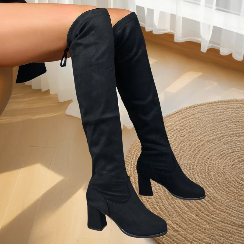 Black Stretchy Over The Knee Boots Chunky Block Heel Long Boots